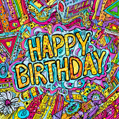 birthday greeting with colorful abstract doodle background