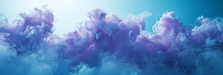 Fototapeta na wymiar Purple clouds in light blue background with blue smoke, in the style of symbolism, cross processing, translucent water, octane render, interactive installation, precarious balance, textured splashes