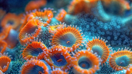 Close-up picture of a coral ecosystem with vividly colored sea anemones