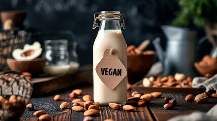 Vegan almond milk in a glass jar among almonds on a wooden table
 - obrazy, fototapety, plakaty