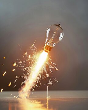 A lightbulb rocket leaving a trail of sparks as it ascends, symbolizing the dynamic and explosive nature of bringing creative ideas to fruition