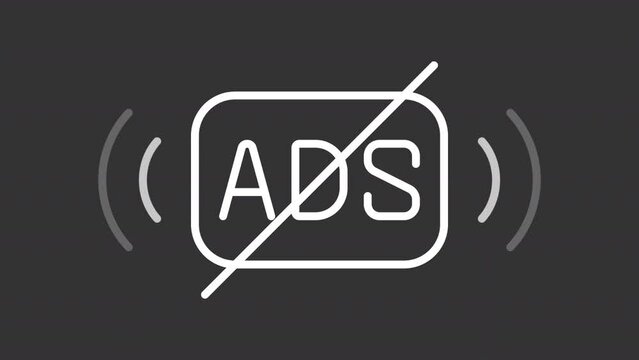 Ad-free white line animation. Animated crossed out ads sign icon. Streaming without ads. Subscription plan. Isolated illustration on dark background. Transition alpha video. Motion graphic