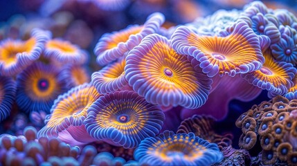 Fototapeta na wymiar Close-up picture of a marine scene within a coral system with sea anemones of striking colors