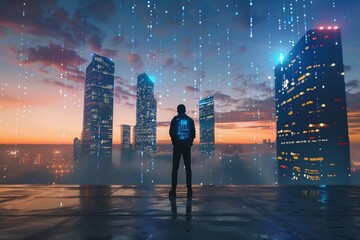 Man on concrete stand with phone, skyline and big data server hologram