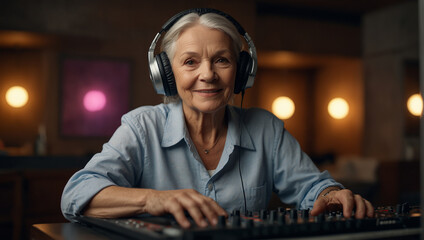 An older woman is shown at a dj turntable.  