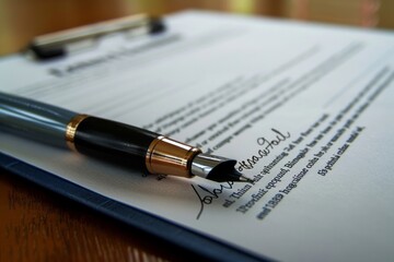 fountain pen on a signed business contract - obrazy, fototapety, plakaty