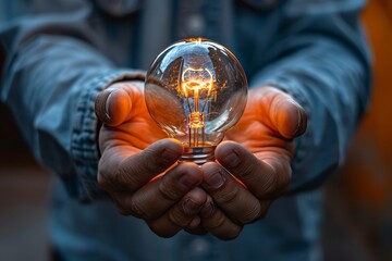 Man holding a light bulb on his hand , business ideas, coming up with ideas
