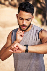 Pulse, check and man or runner outdoor for morning cardio, exercise and training for marathon or...