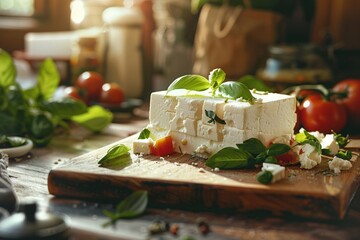 a block of fresh feta cheese garnished with green basil leaves on a wooden cutting board