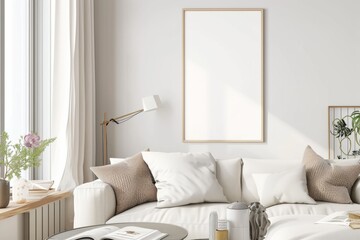 Scandinavian style living room with poster mockup created with generative ai