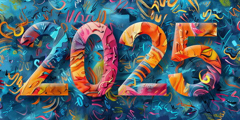Abstract 2025 New Year celebration illustration, Colorful New Year's Eve party vibe graphic with funky hip doodles
