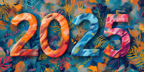 Colorful 2025 New Year number with calming tropical foliage, Vibrant New Year's Eve celebration theme with festive floral leaves