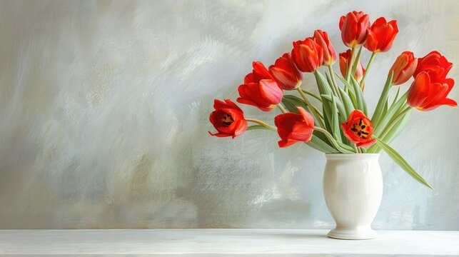 A vibrant bunch of red tulips adorns a textured white table leaving room for text to complement its beauty