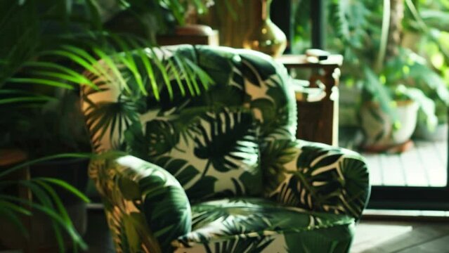 A lush tropical print armchair with velvet upholstery is p in the corner of the room creating a cozy reading nook. The rich texture of velvet against the lively palm leaf print invites .