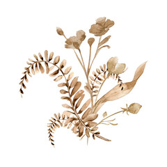 Fototapeta na wymiar Fern branch, dry flowers monochrome arrangement in watercolor sienna color. Abstract herbs in neutral color isolated. Fantasy leaves, buds hand drawn. Design of branding, printed products, wall art
