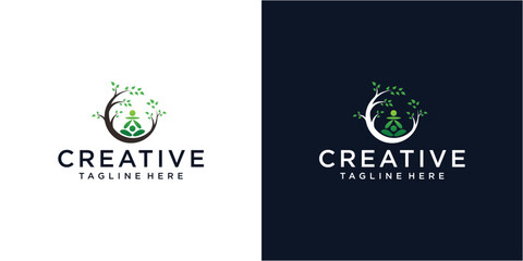 Yoga meditation with abstract tree logo design template.