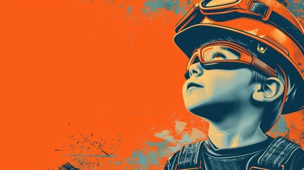 Create a professional and engaging Labor Day poster design featuring a child builder wearing a helmet with safety glasses for repairs The design should be horizontal with a banner header and