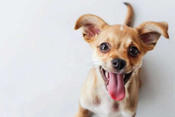 Cute and playful small dog Chihuahua sitting looking up with funny face on white studio background. Portrait of happy puppy having fun with its tongue out. Beautiful cute pup playing close up. Banner