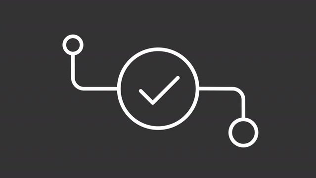 System verification white animation. Animated checkmark and timeline line icon. Task management. Workflow. Isolated illustration on dark background. Transition alpha video. Motion graphic