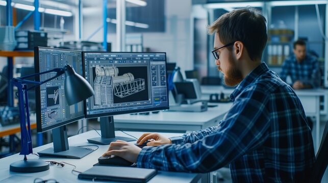 Expert digital engineer crafting precision 3D models with advanced cad software in modern industrial design workspace