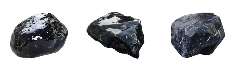 Collection of obsidian stones, Shiny black volcanic glass rocks, isolated object on transparent background