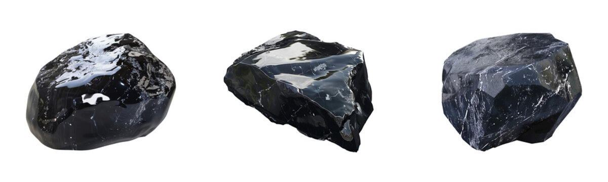 Collection of obsidian stones, Shiny black volcanic glass rocks, isolated object on transparent background