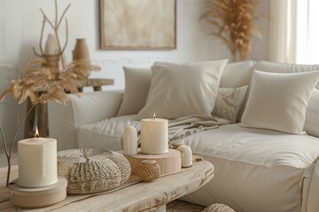 Fototapeta na wymiar Modern house interior details. Simple cozy beige living room interior with white sofa, decorative pillows, wooden table with candles and natural decorations