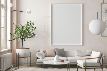 Scandinavian style living room with poster mockup created with generative ai