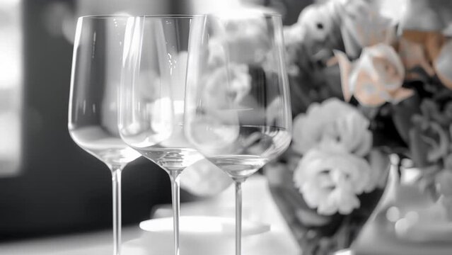 a set of wine glasses presented in a chic black and white photo with a bouquet of fresh flowers in the background. .