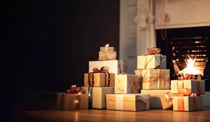 Wallpaper, gift boxes for christmas for the new year by the fireplace with fire, dark interior. AI generated.