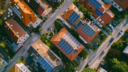 Top view of houses with solar panels on their roofs