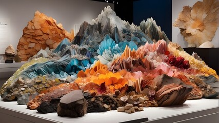 A stunning exhibition of a varied collection of vibrant rare earth and minerals that highlights the range of textures and colors found in nature.
