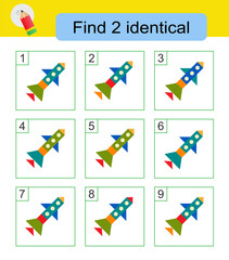 Fun puzzle game for kids. Need to find two identical rocket ships. Answer is 2,9.