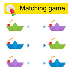 Matching game for kids. Task for the development of attention and logic. Vector illustration of cartoon paper boat.