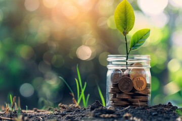 plant growing from a coin jar , business growth, rising business, growing business