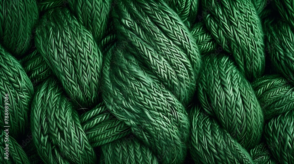 Fototapete Woven green wool fabric texture Hand knitted textile canvas background Patchwork carpet backdrop Factory material threads Abstract design Closeup mockup top view : Generative AI