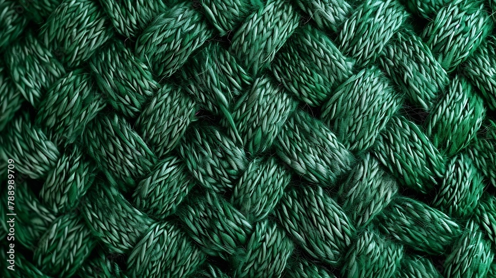Fototapete Woven green wool fabric texture Hand knitted textile canvas background Patchwork carpet backdrop Factory material threads Abstract design Closeup mockup top view : Generative AI