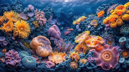 Coral reef with sea anemones of in vivid colors of orange blue and purple.