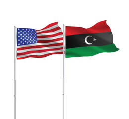 American and Libya flags together.USA,Libya flags on pole