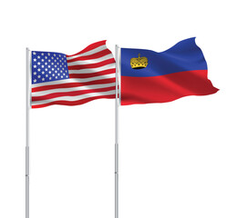 American and Liechtenstein flags together.USA,Liechtenstein flags on pole