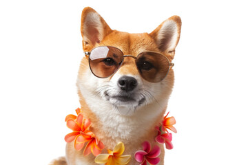 Happy smile Puppy dog Shiba Inu with sunglasses and summer season costume isolated on background, pets summer, lovely dog, holiday vacation.
