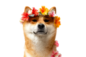 Happy smile Puppy dog Shiba Inu with sunglasses and summer season costume isolated on background, pets summer, lovely dog, holiday vacation.