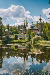 Fototapeta na wymiar An opulent Russian dacha nestled beside a tranquil lake, with colorful onion-domed churches in the distance and lush forests teeming with wildlife, Generative AI