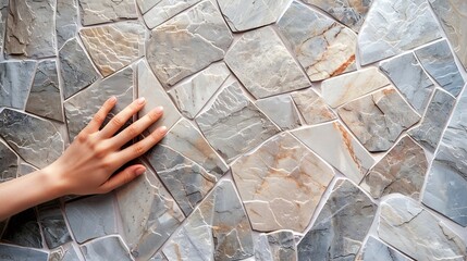 Mock up from natural stones top view close up Female hands advertises repair materials Floor tiles tiles countertops : Generative AI - obrazy, fototapety, plakaty