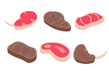 PNG, Fresh meat products, butcher shop. Fresh and fried meat. A collection of fried steaks. Steak slice. Beef Tenderloin. Raw pork chop. Pork knuckle. Vector illustration in a flat style.