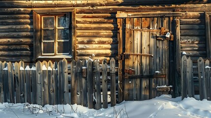 Elements of the walls of a wooden old village house and a wooden gate closeup Rural lifestyle Weathered surface of an old wooden log house closeup Old wooden log building in winter clo : Generative AI