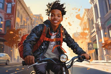Boy with scattered freckles on his cheeks, riding a bike through the city streets. He is of African American nationality, around 13 years old