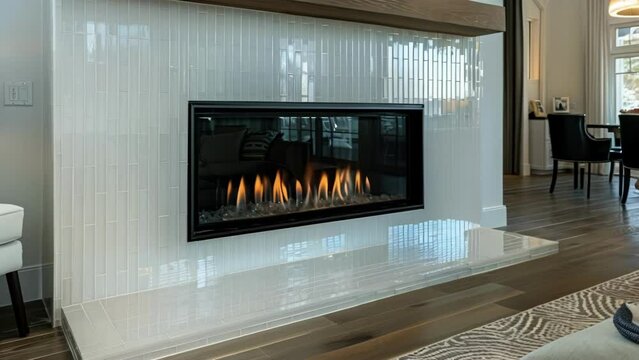 In the living room the fireplace surround is tiled with pristine white glass tiles adding a modern and sophisticated touch to the space. .