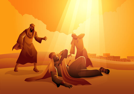 Sauls transformative encounter on the road to Damascus. Saul, later known as Paul, is struck down by divine light, symbolizing the revelation and conversion that would shape the course of Christianity