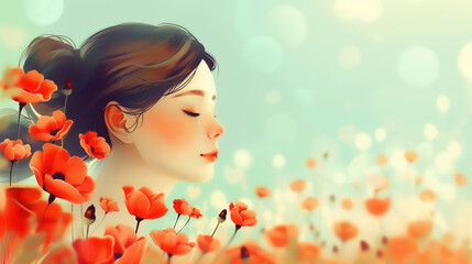 Painted face of a young woman from the side with flowers, Generative AI